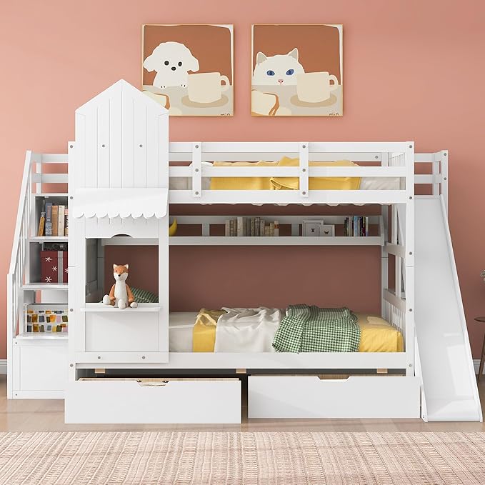 Full-Over-Full Castle Style Bunk Bed with 2 Drawers and 3 Shelves, Wood Bunk Bed Frame with Slide and Storage Staircase for Kids Teens Boys Girls, Maximize Space Savings (White +Full-3)