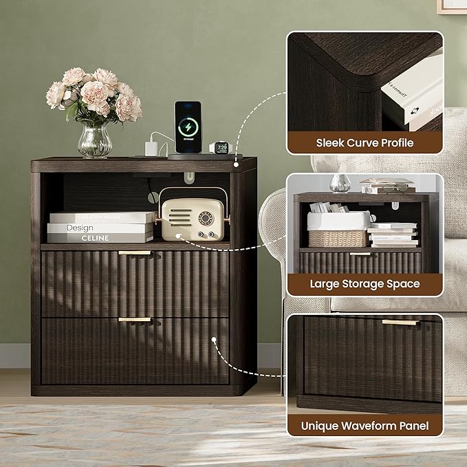 Fluted Nightstand Set of 2 with Charging Station, 21.7" Wide Modern Night Stand with 2 Drawers Open Storage Cabinet, Wooden Bedside End Table for Bedroom,Walnut