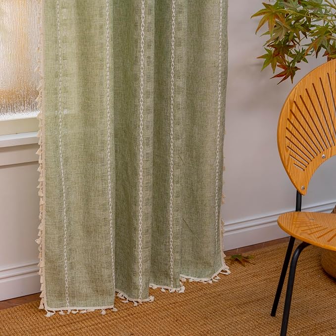 Deeprove Sage Green Boho Curtain 96 inches Length for Living Room Bedroom Nursery Doorway, Sheer Bohemian 96 inches Long Stripe Embroidery Privacy Window Fringe Christmas Decor W52 x L96, 1 Panel