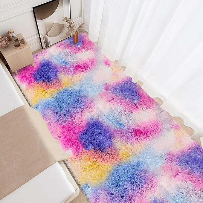 3x10 Hot Pink Runner Rainbow Rug for Girls Bedroom Bedside, Soft Fluffy Plush Runner Carpet Shag Kids Area Rug for Little Girls Room, Cute Colorful Princess Rug for Living Room Nursery Hallway