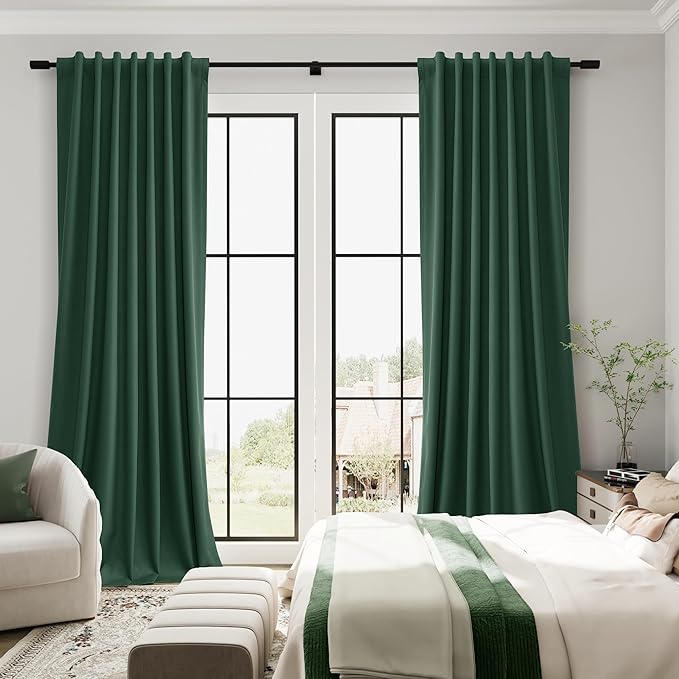Green Linen 100% Blackout Curtains 120 Inches Long 2 Panels Set Modern Textured Room Darkening Thermal Insulated Noise Cancelling Patio Door Bedroom Dining Room Back Tab Hook Belt 52x120 10Ft
