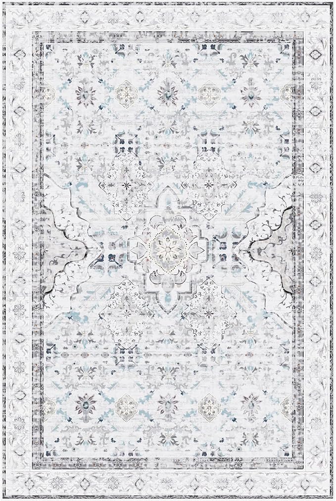 AMTOVO 6x9 Washable Area Rugs for Living Room, Non-Slip Boho Vintage Accent Medallion Print Pattern Carpet for Bedroom Dining Room Home Office Nursery Dorm Farmhouse, Light Grey