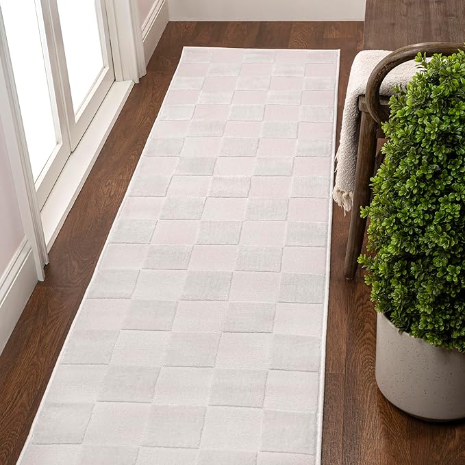JONATHAN Y Checkerboard High-Low Runner Rug 2X8 White/Cream, Thea Modern Geometric for Living Room, Bedroom, Kitchen, Office, Easy-Cleaning, High Traffic, Pet-Friendly, Non-Shedding SND103B-28