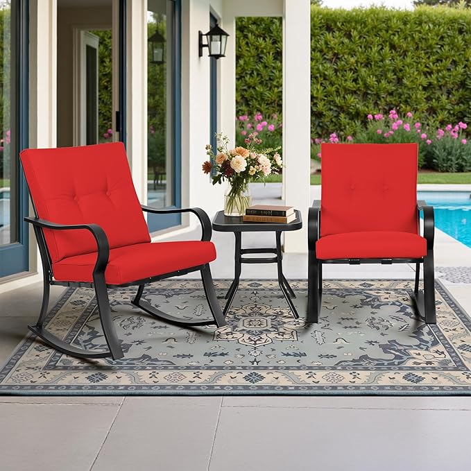 SUNCROWN Outdoor 3-Piece Rocking Chairs Patio Bistro Set Black Steel Furniture with Thickened Cushion and Glass-Top Coffee Table, Red