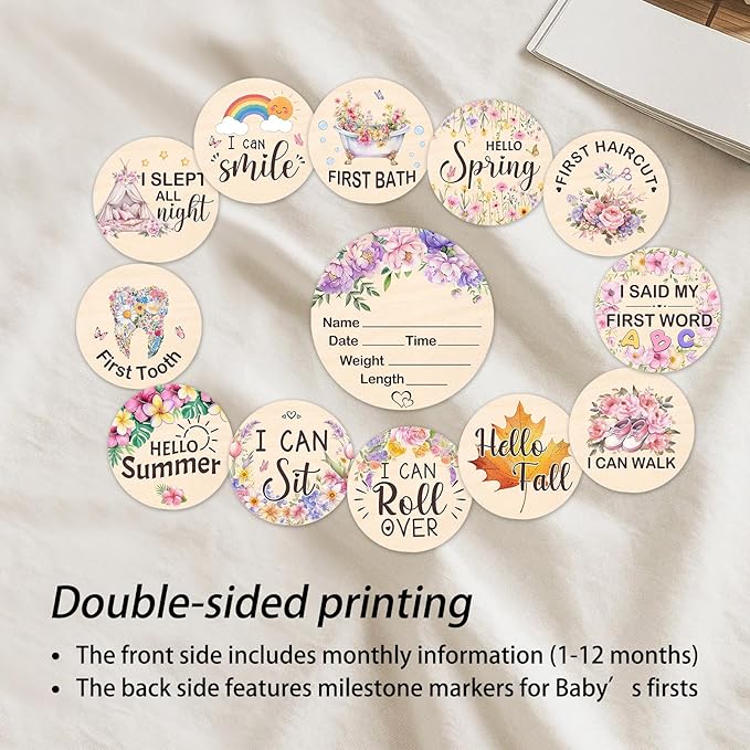 Baby Monthly Milestone Cards - 13pcs Wooden Double Sided Flower Monthly Milestone Signs, Birth Announcement Sign for Photo Props, 1-12 Months Newborn Milestones Cards, Baby Shower Party Gifts Marker