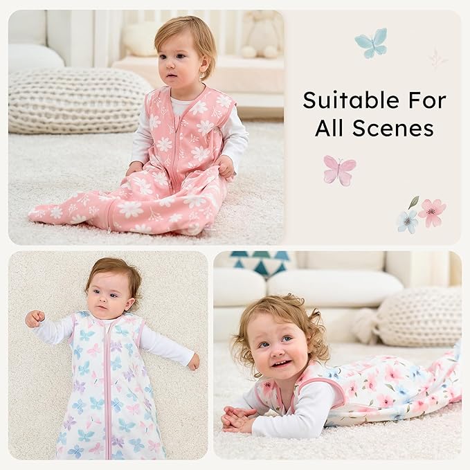 Baby Sleep Sack 6-12 months, 100% Cotton Sleeping Sack for Newborn and Infant, 3 Pack Baby Wearable Blanket, 0.5 Tog Lightweight Double Zipper Sleep Bag Medium Pink Butterfly Flower