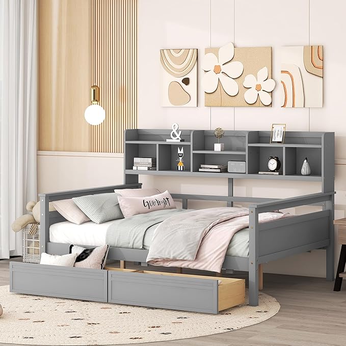 Harper & Bright Designs Full Daybed with Storage, Wooden Full Size Bed Frame with Bookcase Headboard and 2 Drawers, Full Sofa Bed with Shelves for Living Room Bedroom, No Box Spring Need, Gray