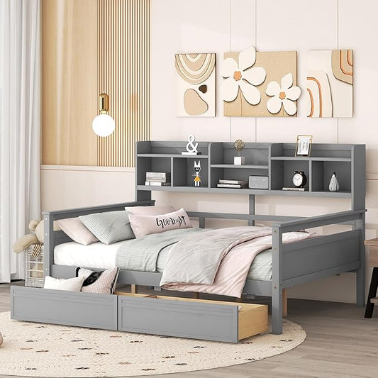 Harper & Bright Designs Full Daybed with Storage, Wooden Full Size Bed Frame with Bookcase Headboard and 2 Drawers, Full Sofa Bed with Shelves for Living Room Bedroom, No Box Spring Need, Gray