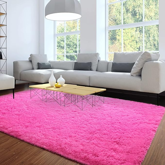 Merelax Soft Modern Indoor Large Shaggy Rug for Livingroom Bedroom Dorm Kids Room Home Decorative, Non-Slip Plush Fluffy Furry Fur Area Rugs Comfy Nursery Accent Floor Carpet 6 X 9 Feet, Hot Pink