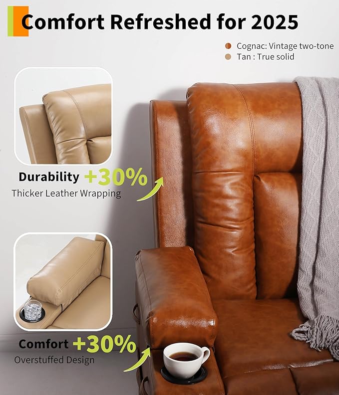 GarveeHome Power Recliner Chair - Heat and Massage, Adjustable Electric Recliner Ergonomic PU Leather Single Sofa, Tall Back, Padded Seat, Lazy Chair for Living Room