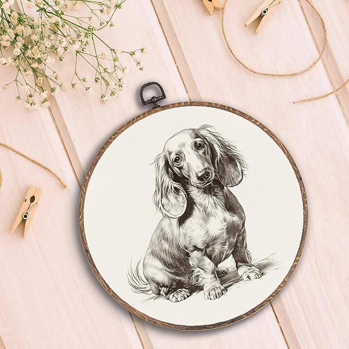 Vintage Dachshund Round Wall Art Framed, Retro Weiner Dog Round Wall Decor, Dachshund Weiner Dog Gifts Hanging Canvas Print Wall Sculpture for Bedroom Living Room Decor, 10x10 Inch