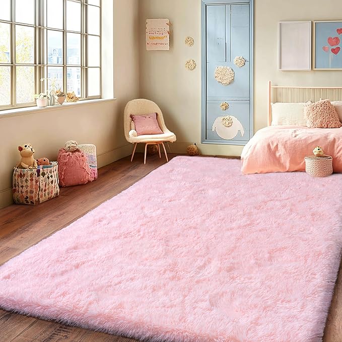 Pink Rug for Living Room, 8x10 Area Rug for Cute Girls Room, Bedside Indoor Floor Fluffy Shag Carpet, Plush Soft Rug for Bedroom Nursery Dorm Home Decor