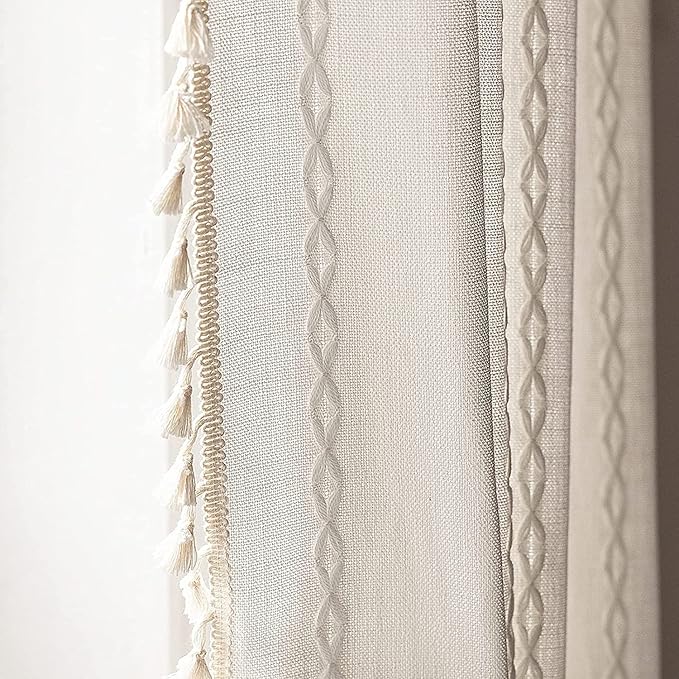 Deeprove White Boho Curtains 72 inches Long with Tassel for Bedroom Living Room, Bohemian Moroccan Sheer Embroidery Rustic Farmhouse Cotton Linen French Country Window Drape, W52 x L72, 1 Panel