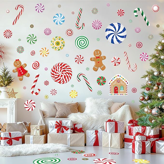 Christmas Candy Wall Decals, 8 Sheet Christmas Decorations Wall Stickers Peppermint Candy Cane Gingerbread Decals for Walls for Candyland Xmas Decoration