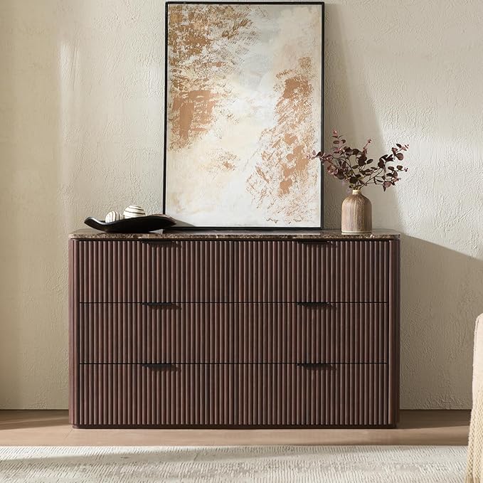 Fluted 6 Drawer Dresser for Bedroom, 54.5" Wide Modern Chest of Drawers with Faux Marble Top, Curved Corners Design, Wooden Dresser TV Stand with Organizer Storage for Living Room, Dark Oak