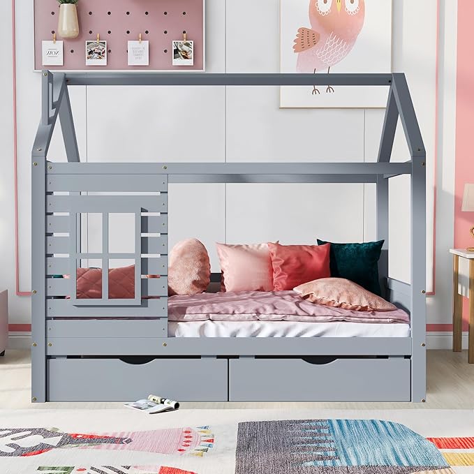 Twin Size Kids House Bed with 2 Storage Drawers, Twin House Bed Frame with Roof and Window, Twin Bed Frames for Kids with Slats, Modern Wooden Montessori Bed for Bedroom, Grey