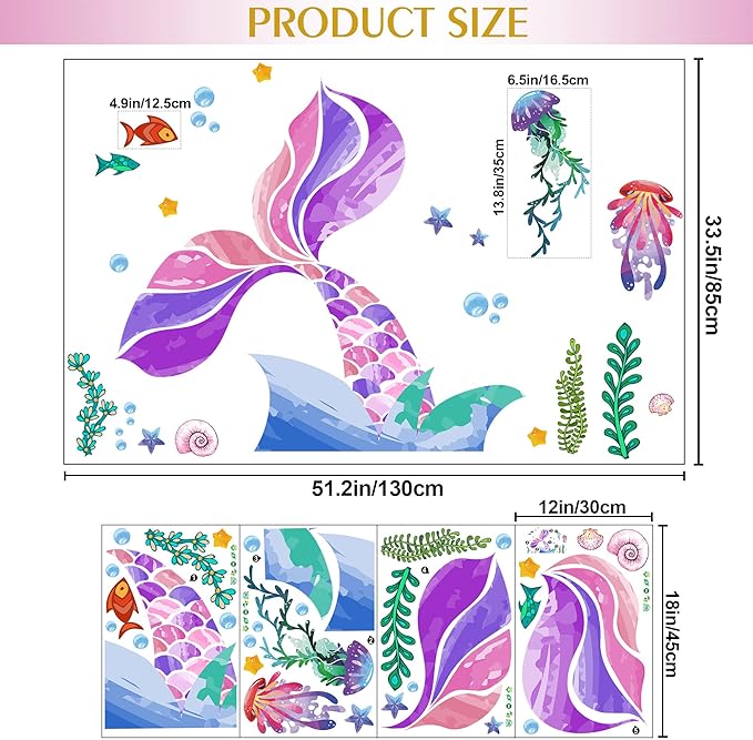 LiveGallery Removable 3D Under The Sea Rainbow Colorful Mermaid Tail Blisters Wall Sticker DIY Ocean Fish Jellyfish Seaweed Wall Decal Decor for Kids Girls Princess Room Bedroom Living Room