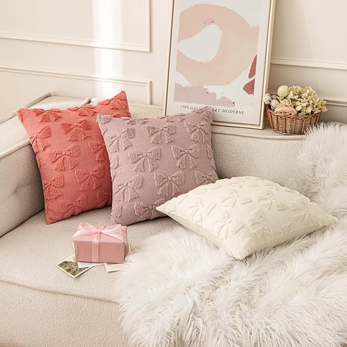 MIULEE Blush Pink Bow Pillow Covers Coquette Room Decor Aesthetic Set of 2 Decorative Cute Girl Throw Pillow Soft Plush Faux Pillowcase for Girl Bed Couch Sofa,20x20 Inch