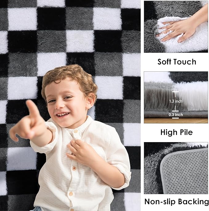 KICMOR Living Room Rugs 5x8, Fluffy Shag Fuzzy Plush Black White Grey Checkered Area Rug Furry Soft Shaggy Carpet for Bedroom, Indoor Floor Rugs for Kids Boys Girls Dorm Nursery Playroom Home Decor