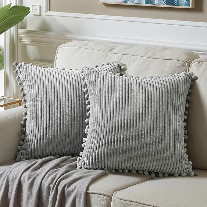 Fancy Homi 2 Packs Neutral Grey Decorative Throw Pillow Covers 20x20 Inch with Pom-poms for Couch Bed Sofa, Aesthetic Modern Organic Farmhouse Boho Home Decor, Soft Corduroy Cute Accent Cushion Case
