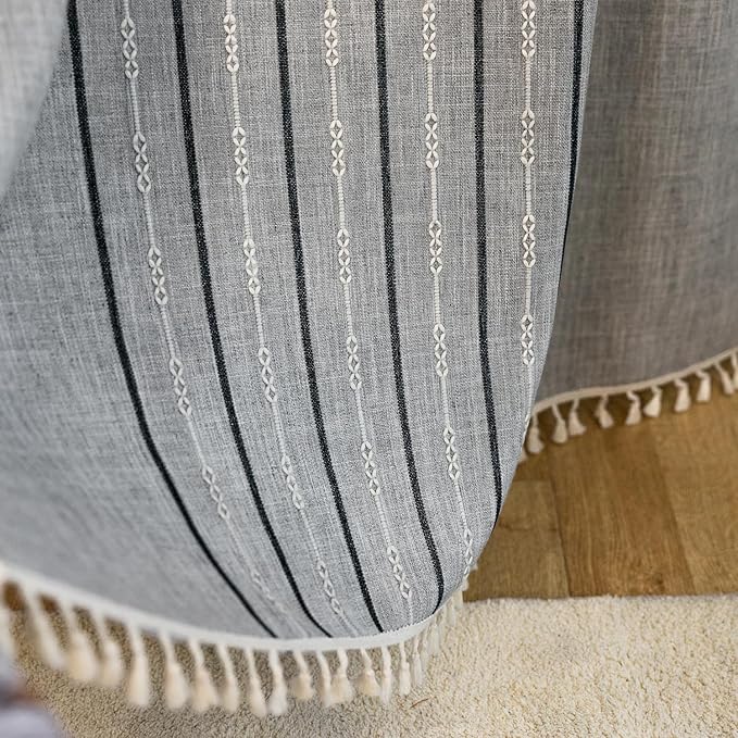 Deeprove Boho Style Curtains 84 inches Long, Vintage Bohemian Embroidery Striped Farmhouse Cotton Linen Fringe Window Treatments Bedroom Nursery Decor, W52 x L84, 1 Panel Dusty Grey and Stone Blue