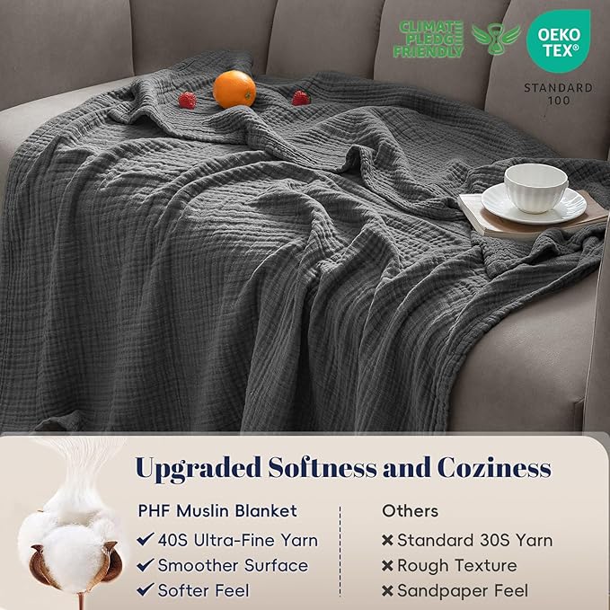 PHF 100% Cotton Muslin Throw Blanket 50" x 60", 4-Layer Lightweight Gauze Throw, Breathable Cloud-Soft Minimalist Blanket for Bed, Couch, Camping & Baby, Greyish Black, Ideal Gift
