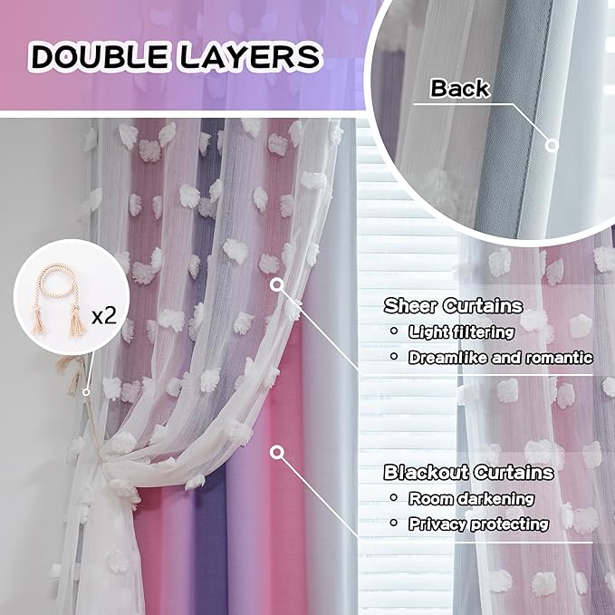 MYSKY HOME Double Layer Curtains for Girls Bedroom Pink Purple Curtains for Daughter Room Ombre Kids Curtains White Pom Pom Sheer Drapes 63 Inches Length Room Darkening Grommet 2 Panels W52 X L63