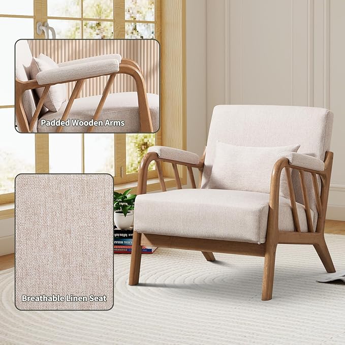 Mid Century Modern Accent Chair with Solid Wood Frame, Upholstered Living Room Chairs with Lumbar Cushion Padded Arms, Reading Armchair for Bedroom Set of 2, Linen Beige