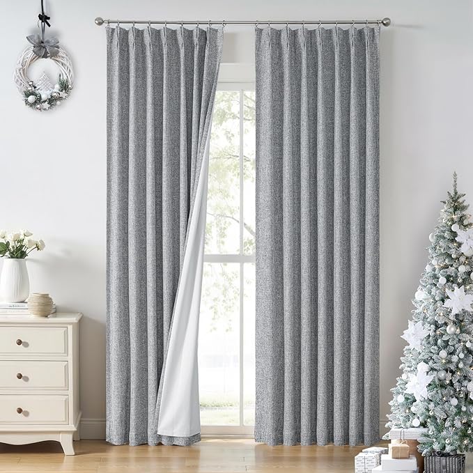 Central Park Pinch Pleated Full Blackout Curtain Panels Linen Texture Thermal Insulated Window Treatment Sets with Back Tab for Farmhouse Living Room Bedroom Drape with Hooks, 40"x95"x2, Dark Grey