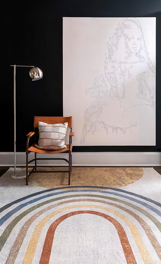 Mark&Day Washable Rugs, 7x9 Eliot Modern Beige Area Rug, Orange Blue Grey Carpet for Living Room, Bedroom or Kitchen (6'7" x 9', Machine Washable)