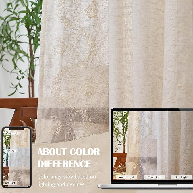 jinchan Belrose Linen Curtains for Bedroom Floral Curtains 96 Inch Length Linen Blend Ivory Embroidered Drapes Farmhouse Flower Patterned Drapes for Living Room Window Treatments Set 2 Panels