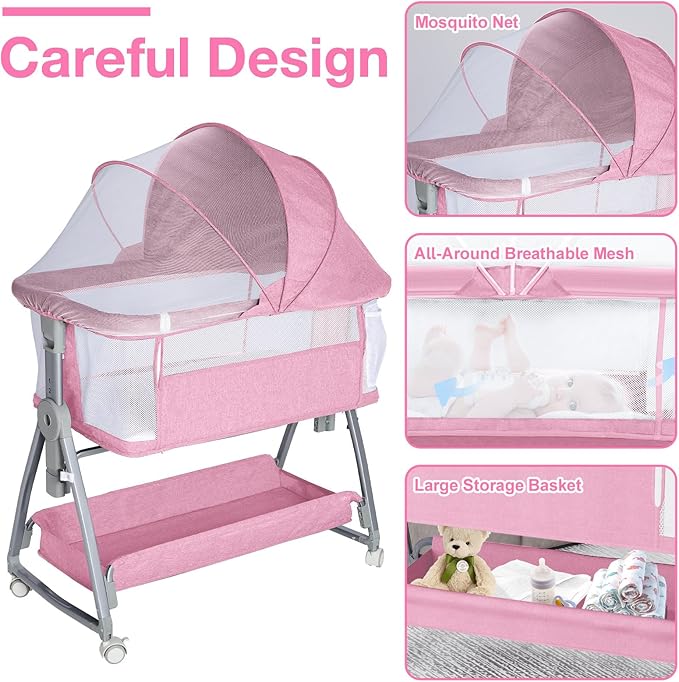 Pink Bassinet for Baby Girl, Baby Bassinets Bedside Sleeper with Mattress and Wheels for Newborn and Infant, Height Adjustable with Breathable Mesh and Mosquito Net