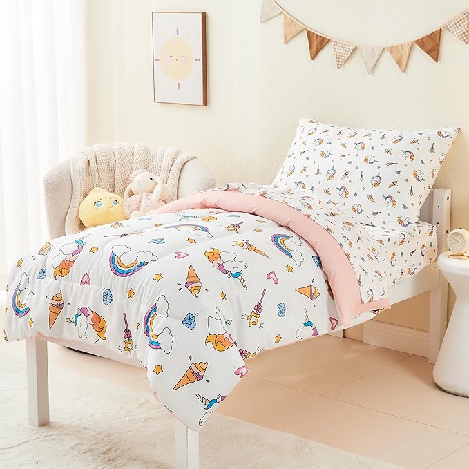 Mooreeke 4 Pieces Toddler Bedding Set - Soft Unicorn Rainbow Toddler Comforter Sets for Girls, Includes Quilted Comforter, Flat Sheet, Fitted Sheet and Pillowcase, Bed in A Bag for Baby Bedroom