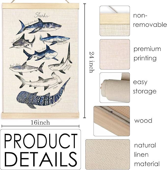 Ecezatik Sharks Poster Hanger Frame, Shark Wall Art, Beach Room Decor, Coastal Home Decor, Shark Hanging Wall Decor for Classroom Nursery Boys Room, Shark Gifts for Shark Lovers, 16x24