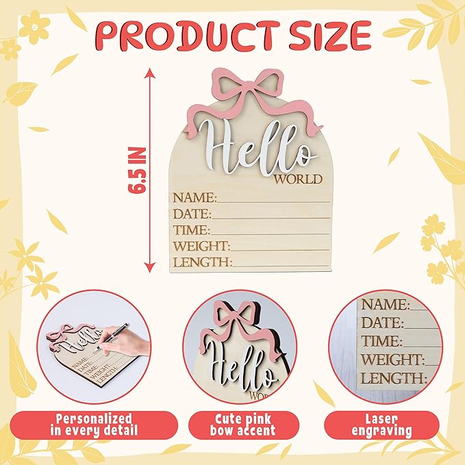 Baby Announcement Sign 6.5 Inch Wooden Hello World Newborn Welcome Sign Birth Name Plaques for Photo Props Shower Hospital Nursery (Wood Bow)