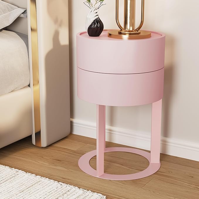 Round Side Table with Hidden Storage Drawers, Modern Nightstand with Swivel Drawer, Minimalist Bedside Table for Bedroom, Living Room, Pink