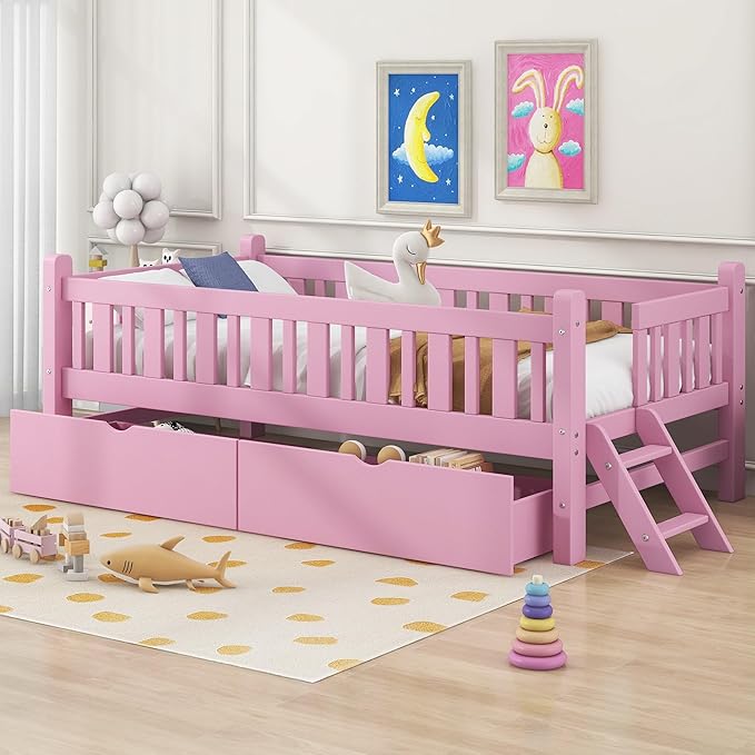 Twin Size Platform Bed with Guardrail and 2 Drawers, Wood Kids Platform Bed Frame with Two-Step Ladder for Boys Girls, Sturdy Slats Support (Pink-1.26)