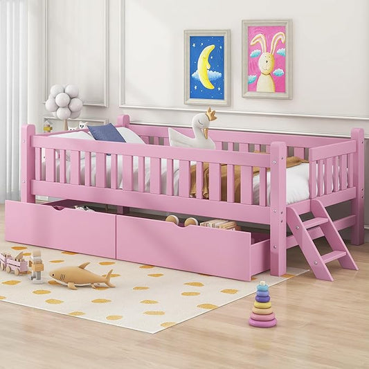 Twin Size Platform Bed with Guardrail and 2 Drawers, Wood Kids Platform Bed Frame with Two-Step Ladder for Boys Girls, Sturdy Slats Support (Pink-1.26)