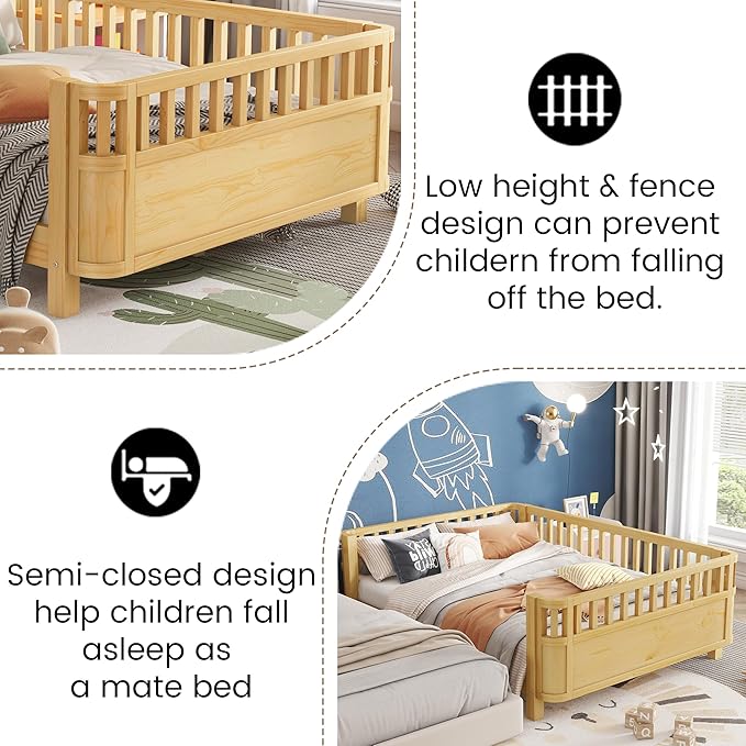 Full Size Bed Frame Kids with Rails, Wood Montessori Bed Full with Slats Support, Modern Daybed Low to Ground with Removable Bed Rails for Girls Boys Bedroom Living Room, Natural