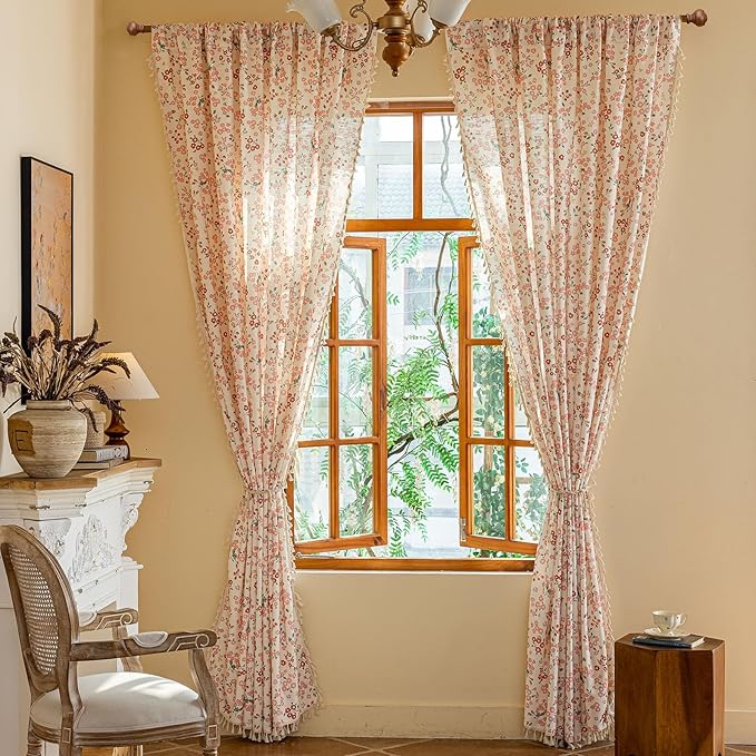 OYX Pink Boho Farmhouse Floral Curtains 63 Inch Long 2 Panels For Living Room, Flower Girl Bedroom Light Filtering Drapes, Vintage Country French Patterned Rod Pocket Aesthetic Decor Window Treatments