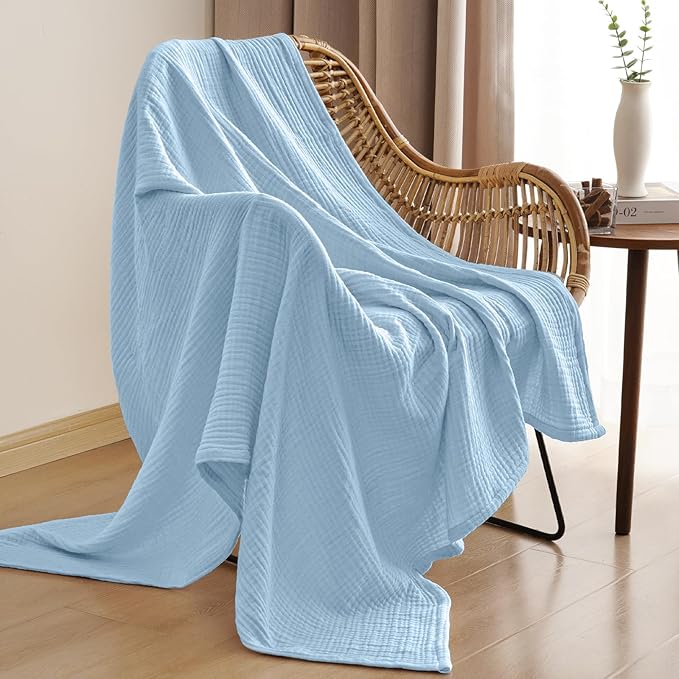 PHF 100% Cotton Muslin Blanket Twin XL Size 66"x90", 4-Layer Lightweight Gauze Throw, Breathable Cloud-Soft Minimalist Blanket for Bed, Couch, Camping & Baby, Sky Blue, Ideal Gift