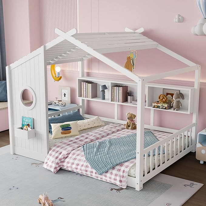 Merax Wood Cute House Bed with Storage Shelves, Full Size Floor Platform Bed Frame with Headboard & Roof Design, No Box Spring Needed, White