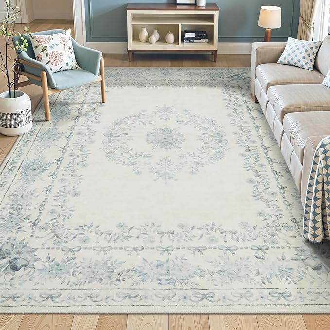 Wonnitar Bow Print Area Rug for Living Room, Ultra-Thin Blue 8x10 Washable Rug, Non Slip Soft Boho Floral Aesthetic Indoor Decor Carpet for Boys Playroom Dining Room Office