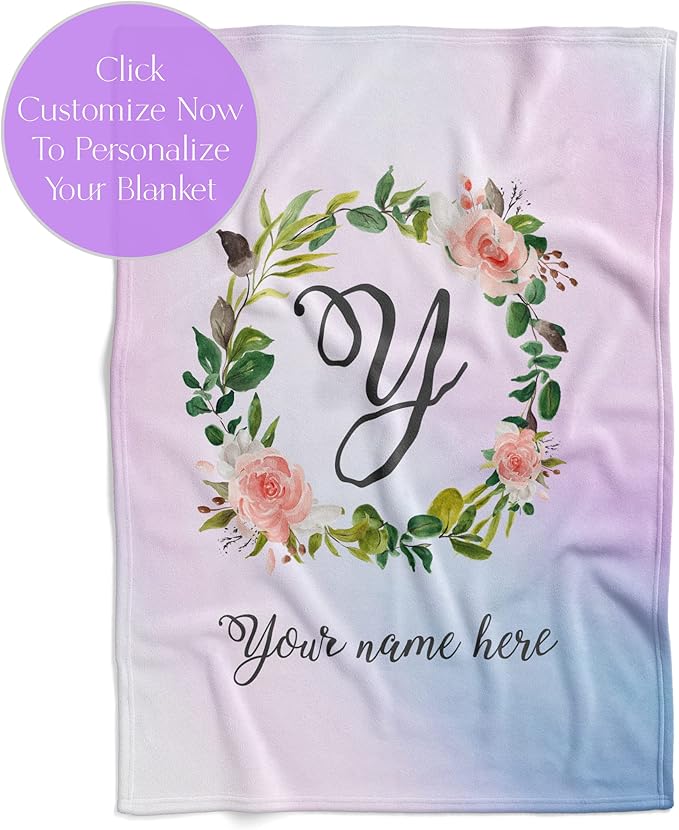 Personalized Girls Throw Blanket with Custom Name | Plush Warm Fleece for Bedding or Decorative Room Decor | Cute Kids Bed Covers | Boho Monogram Flowers (Sherpa, 50x60)