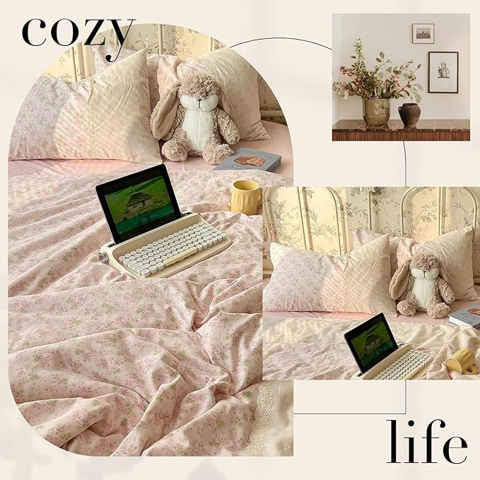 LifeTB Pink Floral Duvet Cover King Romantic Lace Bedding Set Garden Style Cottagecore Flower Duvet Cover with Zipper Closure Soft Washed Microfiber Botanical Comforter Cover for Girls Women