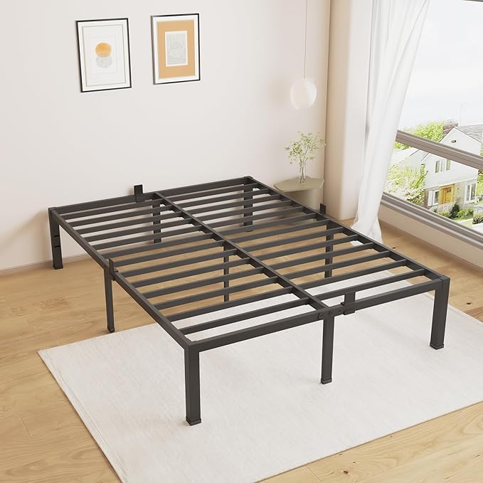 MAF 18 Inch High Queen Bed Frame No Box Spring Needed Heavy Duty Queen Platform Bed Frame Steel Slat Support Noise Free Black Bed Frame Queen Size Easy Assembly