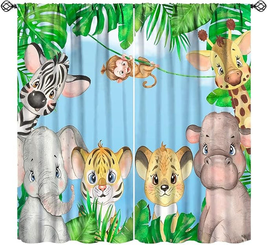 Kids Animals Blackout Curtains Watercolor Cartoon Cute Animals Green Jungle Art Printed for Children Girls Boys Bedroom Nursery Rod Pocket Decoration Window Drapes 2 Panels W31.5xL72in