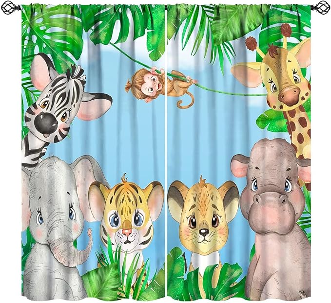 Kids Animals Blackout Curtains Watercolor Cartoon Cute Animals Green Jungle Art Printed for Children Girls Boys Bedroom Nursery Rod Pocket Decoration Window Drapes 2 Panels W21xL45in