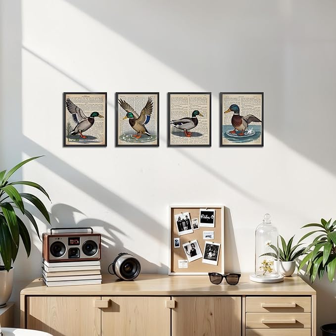 OFJE Vintage Mallard Duck Wall Art Decor Prints Set of 4, Retro Waterfowl Duck Hunting Wall Art Posters Decor for Home bedroom Living Room, 8x10 Unframed