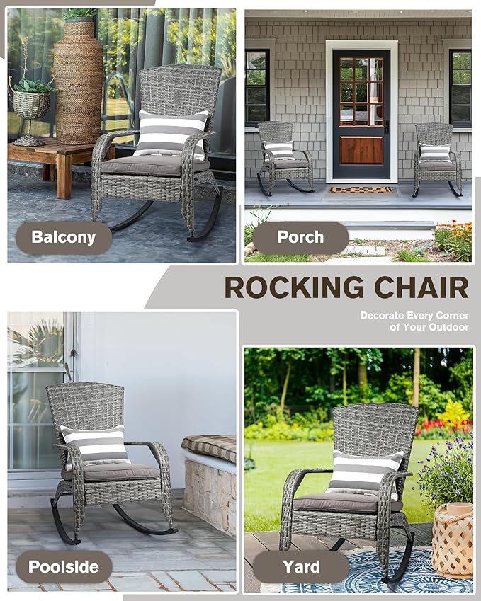 Outdoor Rocking Chair Set of 2- Outdoor Rattan Rocker Chair with Heavy-Duty Steel Frame- All Weather Rocker Chair for Garden, Porch, Poolside, Backyard (Grey, 320lbs)